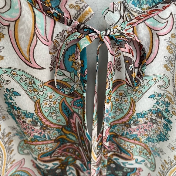 Loft Long Sleeve Blue White Pink Paisley Tie Neck Ruffle Boho Lined Blouse Top - Picture 3 of 10